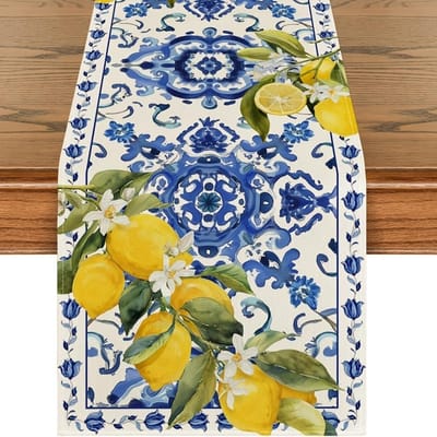 Zomer Citroen Blauw Wit Porselein Tegels Linnen Tafelkleed Huisdecoratie Wasbaar Keuken Eettafel Runners Feestdecoratie 150x33cm blue