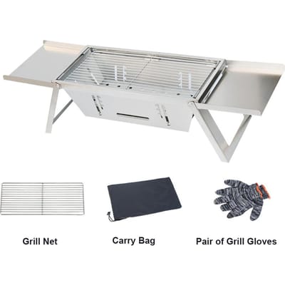 Draagbare camping-BBQ-grill, 3 in hoogte verstelbare roestvrijstalen opvouwbare houtskool-backpack-kachel with sauce plate