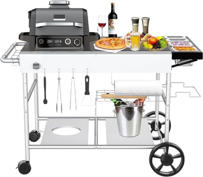 Grill Trolley 128 x 64 x 78 cm voor Buiten, Geschikt voor Weber Q Series en Pizza Oven, Ideaal als Serveertrolley en Werktafel in de Tuin