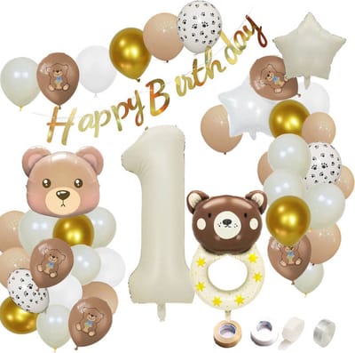 Joya Party® 1 Jaar Verjaardag Versiering Set Teddy Beer | Baby | 1ste Verjaardags Feest | Happy Birthday Slinger Ballonnen | Feestversiering Beren | Bruin, Beige en Wit