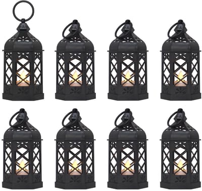 8 stuks - Mini-lantaarns - Witte bruiloftsdecoraties, Kerstmis, Halloween-feestjes - Sfeerverlichting voor op tafel - Vintage decoraties - zwart