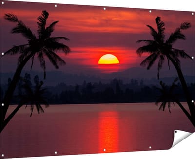 Gards Tuinposter Zonsondergang op het Strand met Palmbomen - 180x120 cm - Tuindoek - Tuindecoratie - Wanddecoratie buiten - Tuinschilderij