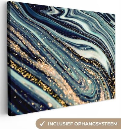 Canvas schilderij 40x30 cm - Wanddecoratie Marmer - Goud - Blauw - Glitter - Marmerlook - Abstract - Muurdecoratie woonkamer - Slaapkamer decoratie - Kamer accessoires - Schilderijen op canvas