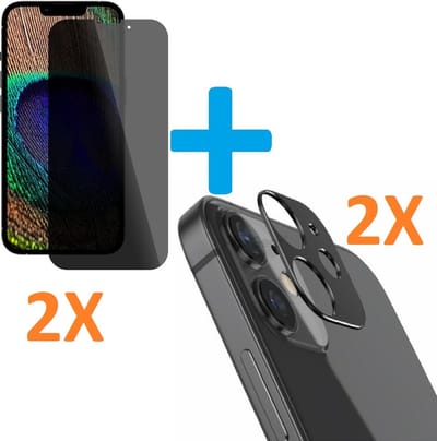 2X Privacy Scherm Tempered Glass Screen Protector Anti-Spy + 2X Camera lens Beschermer zwart Geschikt voor: Apple iPhone 13