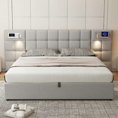 VVBV Gestoffeerd Opbergbed 180x200 cm - USB, Hydraulische Opbergruimte en Draadloos Laden, Leeslamp - Hout/Linnen Grijs