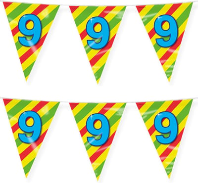 Paperdreams verjaardag 9 jaar thema vlaggetjes - 2x - feestversiering - 10m - folie - dubbelzijdig
