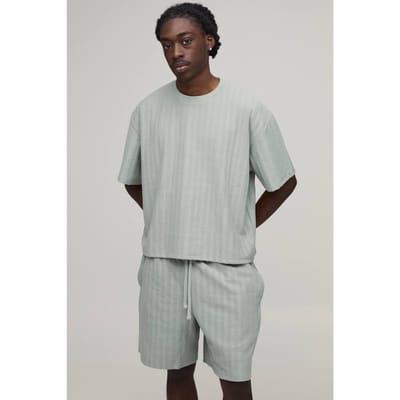 Oversized Shrunken Jacquard Gestreept T-shirt & Baggy Shorts Set | Light Grey | Size XS