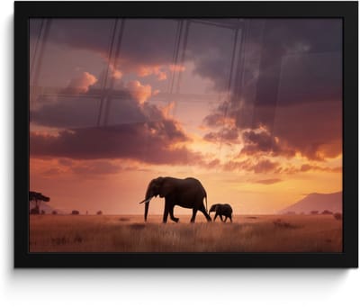 Poster in lijst - Fotolijst 40x30 cm - Posters - Olifanten - Grasland - Zonsondergang - Posterlijst zwart - Decoratie - Wanddecoratie woonkamer - Muurdecoratie slaapkamer