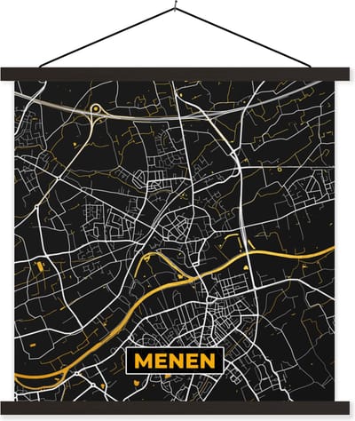 Posterhanger incl. Poster 60x60 cm - Schoolplaat - Menen - Plattegrond - Goud - Stadskaart - Kaart - Textielposter - Zwarte latten - Stadskaart