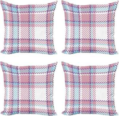ABAKUHAUS Geruite Sierkussenhoes 4-pack, antieke Engelse tegels, moderne accent dubbelzijdige digitale print, 40 x 40 cm, paars paars lichtblauw