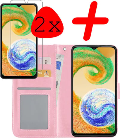 Hoesje Met 2x Screenprotector - Geschikt voor Samsung Galaxy A04s - Luxe Pasjeshouder - Bookcase Portemonee - Flip Case - Kunstleer Book Case - Flipcase Hoes - Book Cover - Walletcase - Portemonneehoes - Lichtroze