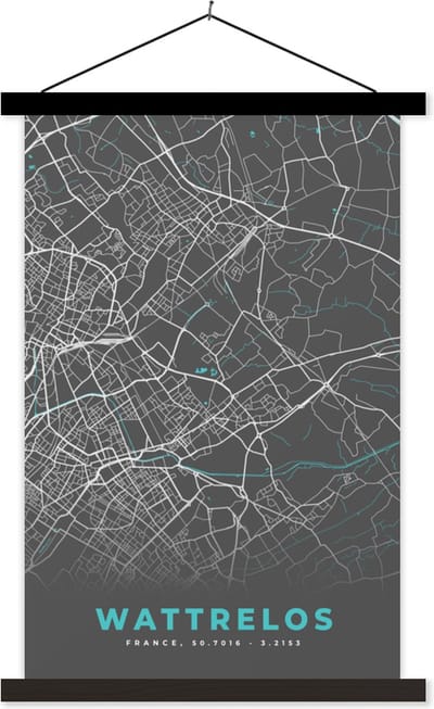 Posterhanger incl. Poster 40x60 cm - Schoolplaat - Wattrelos - Frankrijk - Plattegrond - Kaart - Stadskaart - Textielposter - Zwarte latten - Stadskaart