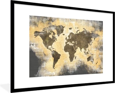 Poster in lijst - Fotolijst 90x60 cm - Posters - Wereldkaart - Gouden - Krant - Posterlijst zwart - Decoratie - Wanddecoratie woonkamer - Muurdecoratie slaapkamer