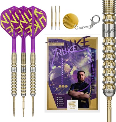Target Darts Luke Littler Gen 1 Prodigy Steel Tip Swiss Point Darts 23G - 90% Tungsten Barrels met K-Flex Flights en Shafts - Inclusief Premium Swiss Point Tool en Opbergdoos