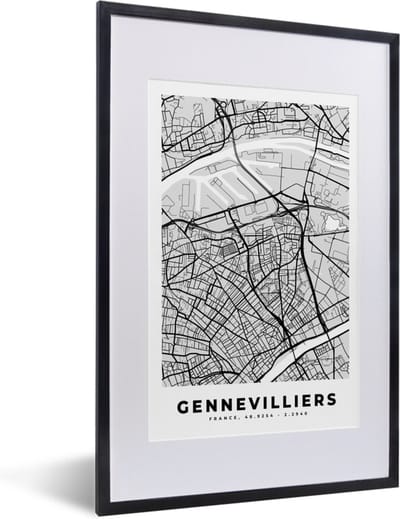 Fotolijst incl. Poster - Plattegrond – Kaart – Stadskaart – Frankrijk – Gennevilliers - 40x60 cm - Posterlijst