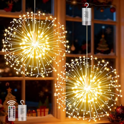 Rosnek 200 LEDs Hangende Vuurwerk Verlichting - Dimbaar met Afstandsbediening - Sterrenregen Lamp Op Batterijen - 8 Modus & Timer - Vormbare Koperdraad Sfeerverlichting voor Binnen en Buiten, Kerst en Feesten - Warm Wit
