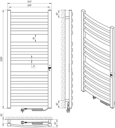 Elektrische handdoekradiator ATLANT PREMIUM 500x1200 met ECO-timer, 300W, Wit