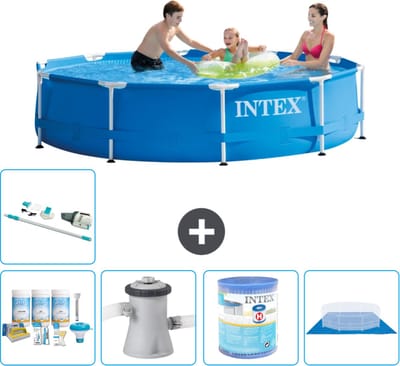 Intex Rond Frame Zwembad - 305 x 76 cm - Blauw - Inclusief Onderhoudspakket - Zwembadfilterpomp - Filter - Grondzeil - Stofzuiger - 6-delig