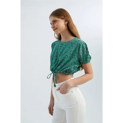 Bloemige Ronde Hals Trekkoord Crop Top