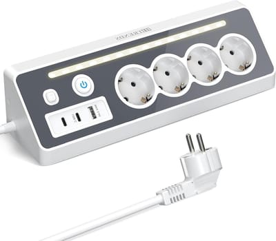 Hoekstopcontact met USB - Bureau stekkerdoos - Apparaten opladen - Met aan/uit schakelaar - 2 meter kabel - Wit