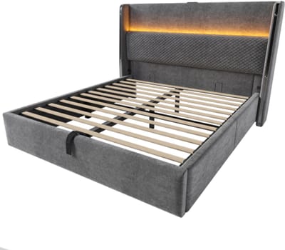Gestoffeerd Bed 160x200 Zonder Matras Tweepersoonsbed Linnen Grijs Hydraulische Opbergruimte Modern Ontwerp Met LED USB Type C
