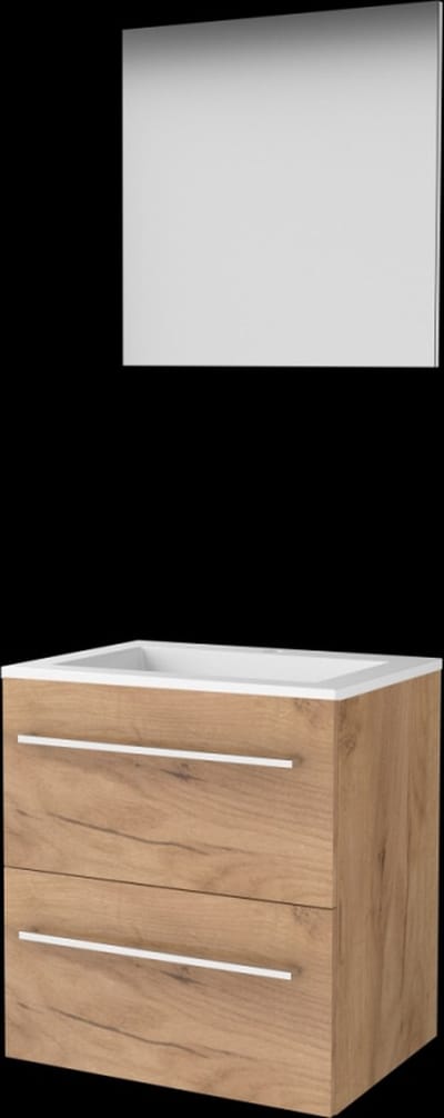 Basic-Line Basic 46 Badkamermeubelset - 60 x 46 cm - Met Grepen - 2 Lades - Acryl Wastafel - 1 Kraangat - Spiegel - Whisky Oak