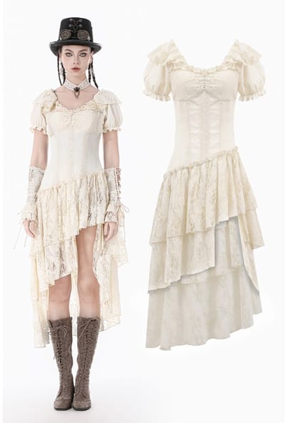 Dark in Love - Steampunk Layered Ruffle asymmetrical High low jurk - S - Creme