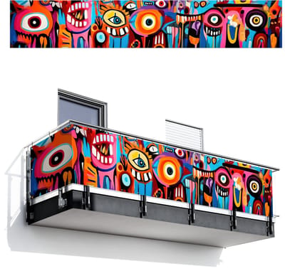 Balkonscherm 500x85 cm - Balkonposter Abstract - Gezicht - Kleurrijk - Balkon scherm decoratie - Balkonschermen - Balkondoek zonnescherm