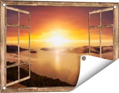 Gards Tuinposter Doorkijk Zonsondergang in de Bergen met Wolken - 60x40 cm - Tuindoek - Tuindecoratie - Wanddecoratie buiten - Tuinschilderij