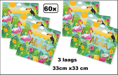 60x Servetten Hawai aloha 33cm x 33cm - 3 laags - Servet diner eten knoeien restaurant Tropical Hawai party BBQ thema feest verjaardag feest
