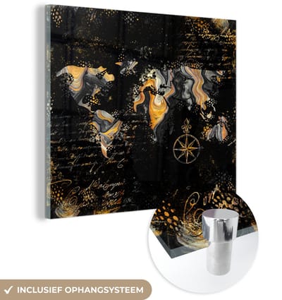 ® Glasschilderij 90x90 cm - Schilderij acrylglas - Wereldkaart - Verf - Goud - Kompas - Foto op glas - Muurdecoratie woonkamer - Wanddecoratie slaapkamer - Schilderijen