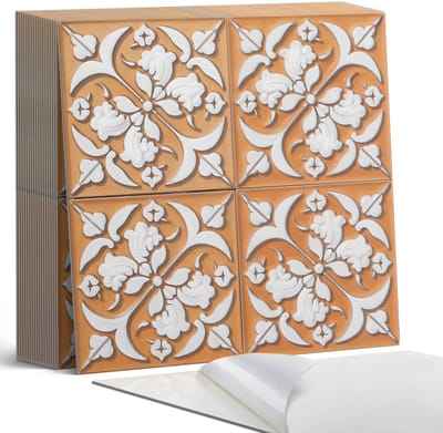 Coloray Plaktegels - Patroon met bloemmotieven Zelfklevende Tegels - 20 cm x 20 cm - Oranje Plaktegels - 20 stuks - Vierkant PVC Tegels - Plaktegels Badkamer - Plaktegels Vloer - Vinyl Tegels Zelfklevend - Wandtegel Zelfklevend