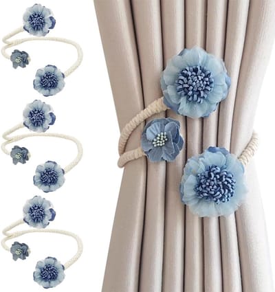 VHV - Gordijnophouders - Embrasses - Gordijn accessoires - Set van 4 - Bloem design - Flexibel - Zonder boren - Voor woonkamer en slaapkamer - Decoratief - Blauw