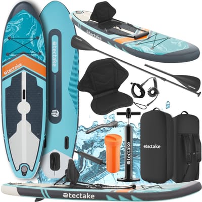 tectake® Stand-Up Paddle Board - 2-in-1 SUP Plank - Opblaasbaar - Stabiel - 288 x 77 x 22,5 cm - Ook als Kajak - Max 200kg - Oranje Turqoois - Complete SUP set met Zitje