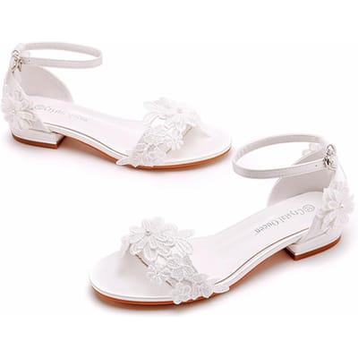 2 cm Vierkante Hak Ondiepe Mond Riem Sandalen Ivoorwit Zijde Satijn Bruid Wit Kant Bloem Sandalen 40