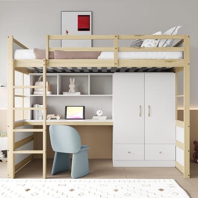 BLACKCOLORS - Hoogslaper 90x200 cm - Met ladder - Bureau - Opbergruimte - Kast - Lades - Geschikt voor kinderen en tieners - Eénpersoons - Houtkleurig