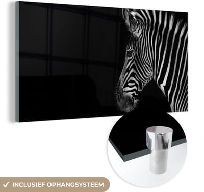 MuchoWow® Glasschilderij 40x20 cm - Schilderij acrylglas - Zebra - Wilde dieren - Zwart - Foto op glas - Schilderijen