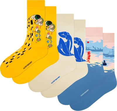 Kunst sokken - Kleur en Emotie 3-pack: Klimt, Monet, Matisse - Sokken Dames 36 40 - Biologisch Katoenen Sokken - funny socks happy - Vrolijke Sokken - Grappige Sokken - Sokken Cadeau