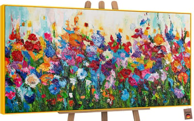 Canvas schilderij groot handgeschilderd bloemenkleuren botanisch uitbundig – YS-Art Gallery – Vrolijke wanddecoratie voor woonkamer – Modern schilderij voor slaapkamer en hal