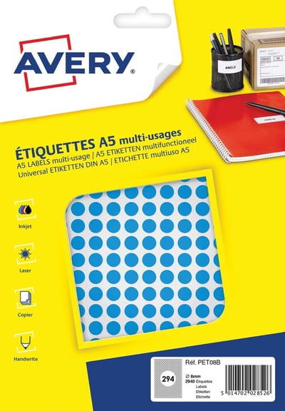 etiket Avery A5 8mm rond blister 2940st blauw