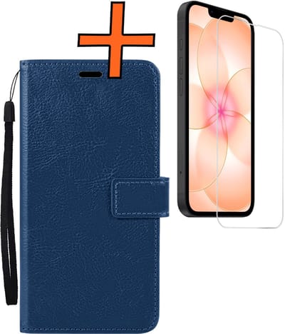 Hoes - Met Screenprotector - Geschikt voor Apple iPhone 17e - Luxe Pasjeshouder - Bookcase Portemonee - Flip Case - Kunstleer Book Case - Flipcase - Book Cover - Walletcase - PortemonneeHoes - Donkerblauw