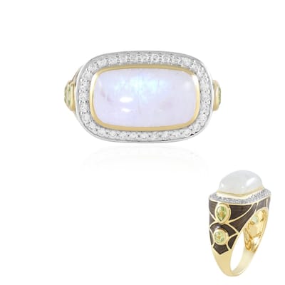 Cavill - Vergulde Zilveren Ring - 5,85 ct Regenboog Maansteen Antiek Cabochon - 925 Sterling Zilver - 6,82 ct Peridoot en Zirkon Luxe Damesring