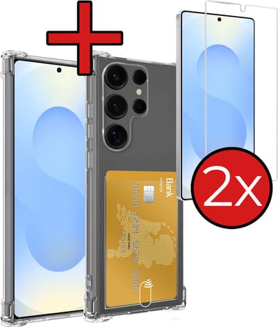 Hoesje - Geschikt voor Samsung Galaxy S25 Ultra - Met 2x Screenprotector - Pashouder - Kaarthouder - Back Cover - Telefoon Hoes Shockproof - Siliconen Case - Shock Proof - Pasjes Houder - Telefoonhoes - Transparant
