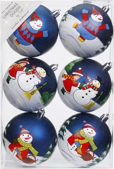 6x Blauwe kerstballen 8 cm kunststof met print - Onbreekbare plastic kerstballen - Kerstboomversiering blauw