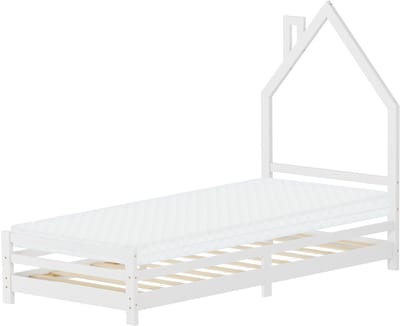 Kinderbed huis 90x200 cm wit met matras H:10cm houten bed voor kinderen met lattenbodem schoorsteen design ML-Design