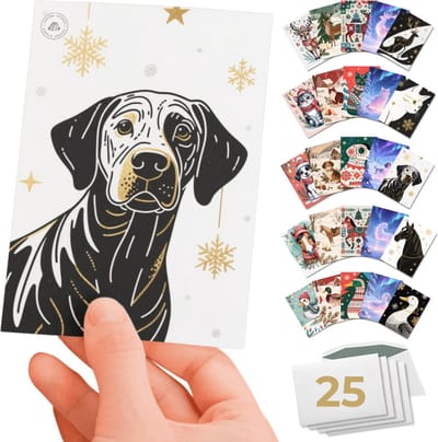 Inspra Studio – Luxe Kerstkaarten met Enveloppen – 25 Stuks – Dieren Wenskaarten Collectie – Mix van 5 Unieke Illustratiestijlen – Rendier, Kat, Hond, Paard & Eend