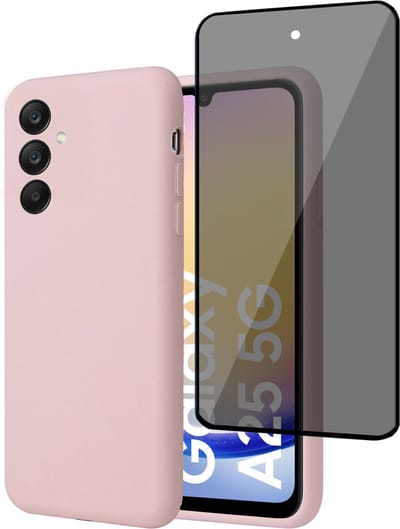 Geschikt voor Samsung Galaxy A25 - Hoesje + Privacy Screenprotector – Privé Gehard Glas Cover - Suède Case Rose