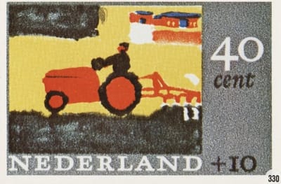 Briefkaart met afbeelding Kindertekening – Tractor postzegel