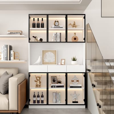Vitrinekast - Glazen kast - Opbergkast - Boekenkast - LED verlichting - App bediening - 3 lades - Woonkamer - 120x30x200cm - Wit