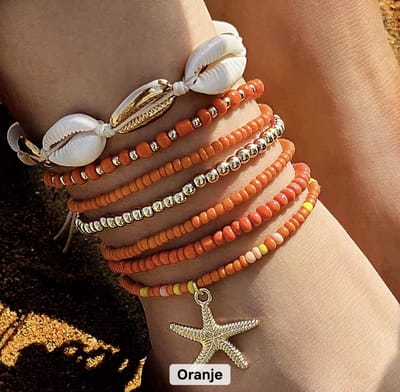 12Getit Enkelbandje - Armbandje met oranje kralen schelpen en zeester